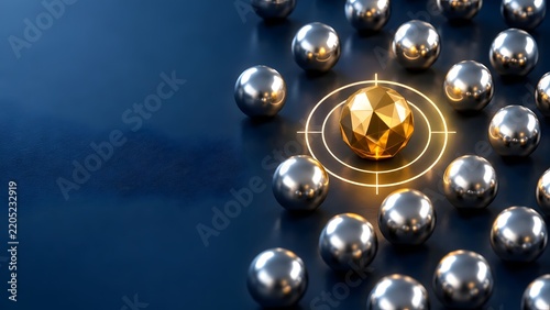 Golden Faceted Sphere In Glowing Target Crosshair Among Silver Spheres Representing Goal Achievement And Unique Precision