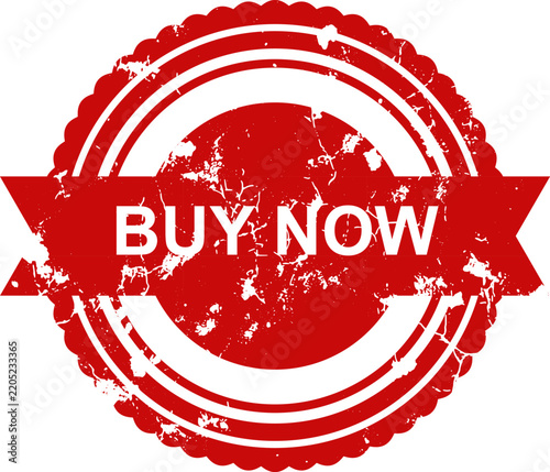 Buy Now Red Grunge Rubber Stamp Seal with White Banner and Scratched Texture Design