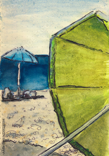 Watercolour and ink painting of a sun parasol on a beach looking out to sea