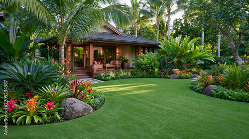 Lush tropical garden featuring vibrant flowers, manicured lawn, and charming house surrounded by palm trees. This outdoor space invites relaxation and enjoyment of nature