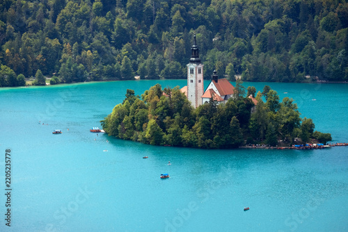 Aerial view of the church on the Lake in Bled, Slovenia
