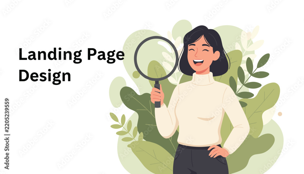 Fototapeta premium Landing page design concept showing a cheerful woman holding a magnifying glass surrounded by green leaves.