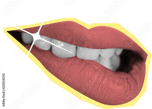 Pink lipstick on glossy lips with white teeth and star cutout shape, ideal for beauty, cosmetics, dental, or fashion concepts.