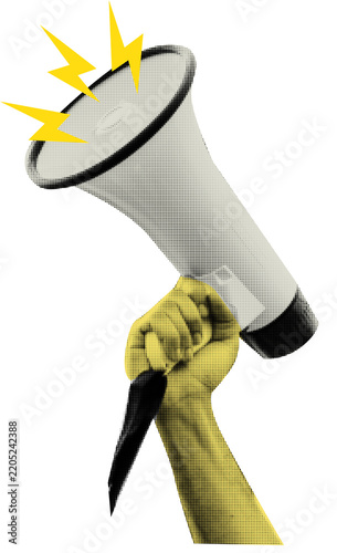 Dynamic digital art of a yellow human fist holding a white megaphone with thunderbolt icons. Perfect for activism and protest designs.