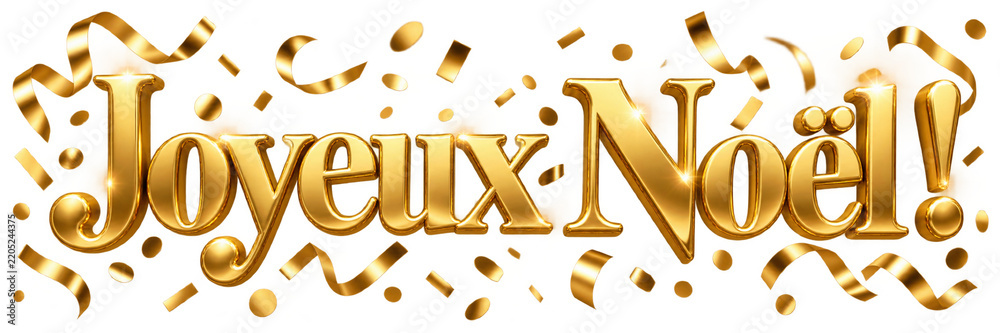 Fototapeta premium Texte 3D doré Joyeux Noël avec des confettis et des rubans étincelants, isolé sur fond transparent. Élément de conception pour carte de vœux