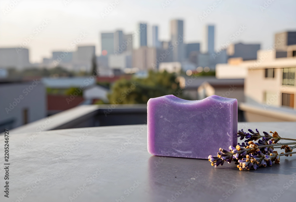 Fototapeta premium Self care and wellness, lavender soap bar with dried flowers on a balcony overlooking a city skyline for organic skincare and natural beauty routine