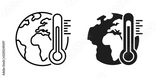 A set of two climate change featuring a globe of the earth combined with a thermometer, representing global warming, environmental data, and temperature rise
