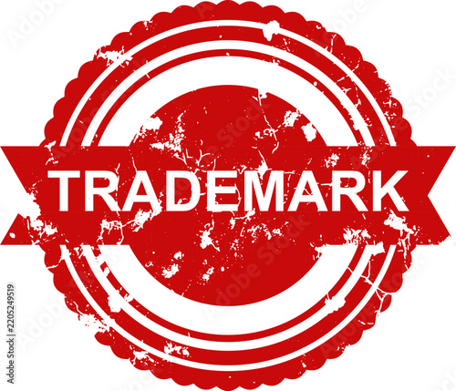 Red trademark grunge rubber stamp design with weathered texture on white background