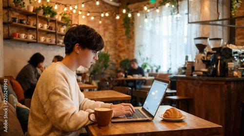 Young Man Working on Laptop in Cozy Cafe with Warm Lighting Coffee and Croissant