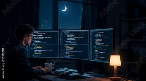 Man Programmer Coding Backend on Triple Monitor Setup at Night with Crescent Moon