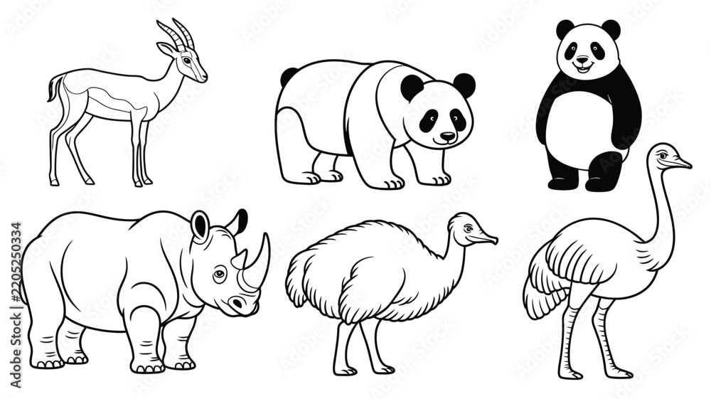 Obraz premium Set of black and white line animal featuring a gazelle, panda bear, rhinoceros, and ostrich on a white background, for educational coloring pages