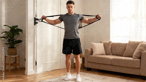 Fit Man Doing Strength Training with Resistance Bands in Bright Living Room