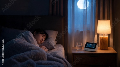 Young Woman Sleeping in Bedroom at Night with Smart Sleep Tracker and Moon