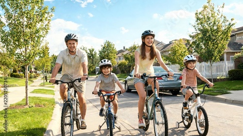 Happy Family Cycling Together on Sunny Suburban Street with Children Wearing Safety Helmets