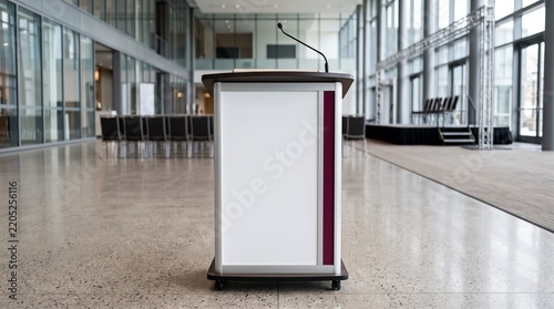 Modern professional podium lectern on wheels in a bright minimalist corporate conference event hall