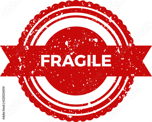 A round red grunge rubber stamp icon featuring a banner and the word fragile centered on a plain