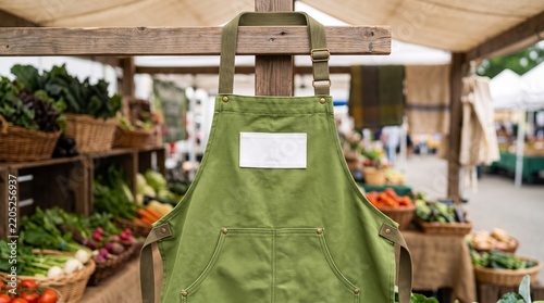 Green apron hanging on a wooden rack at a fresh produce farmers market with blurry colorful vegetabl
