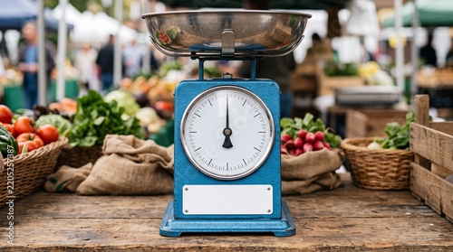 Blue vintage weighing scale on wooden farmers market table with fresh vegetables in wicker baskets.