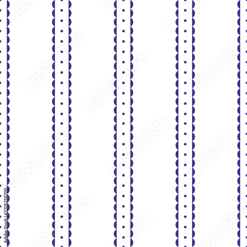 Classic blue and white seamless pattern with vertical striped borders and polka dots vector geometric textile design