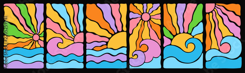 Groovy colorful sun wave set. Retro psychedelic sunburst, wavy sea beach rays and boho shapes in vintage 70s hippie style. Abstract funky summer poster for wallpaper and creative vector design