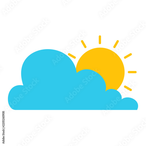 Flat vector illustration of a yellow sun behind a blue cloud isolated on white background. Minimalist partly cloudy weather forecast icon template for mobile app widget and web.