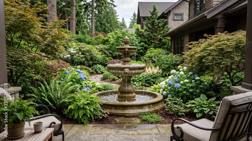 Natural Stone Water Fountain in a Lush Garden Landscape
