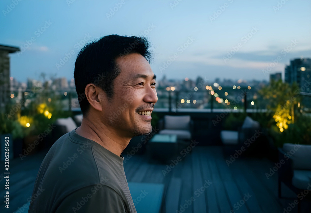 Fototapeta premium Work-life balance and urban lifestyle, happy asian man relaxing on a rooftop terrace at twilight with city skyline view and evening city lights background
