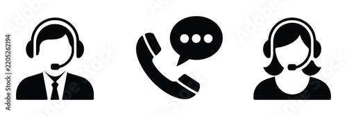 Customer service icons, black call center agents with headsets and telephone support symbols for business communication, assistance, and helpdesk design.