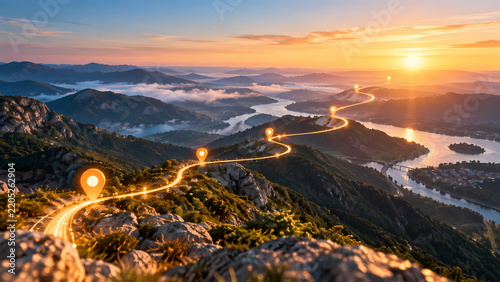 A glowing trail links checkpoint markers across a rocky mountain ridge above a winding river at sunrise, illustrating business roadmap milestones, navigation and progress through a misty landscape