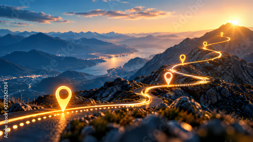 A winding luminous route climbs a rocky mountain slope through glowing location markers toward a sunlit summit, illustrating project milestones, strategic planning, and the journey to a business goal