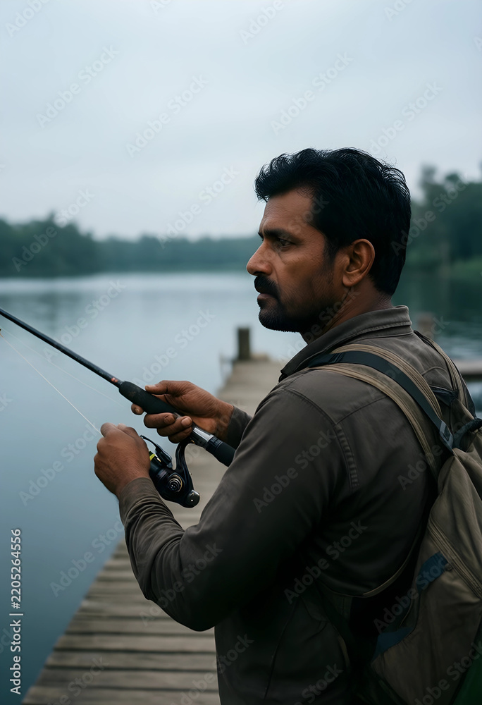 Fototapeta premium Mindfulness and mental health, man fishing on a wooden pier for relaxation and stress relief in nature during a quiet morning at the lake