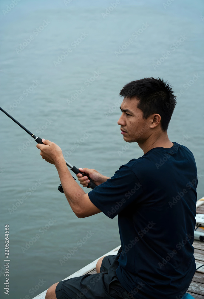 Fototapeta premium Mindfulness and patience, man fishing on a wooden pier at the lake for leisure and outdoor recreation during a calm summer day in the countryside