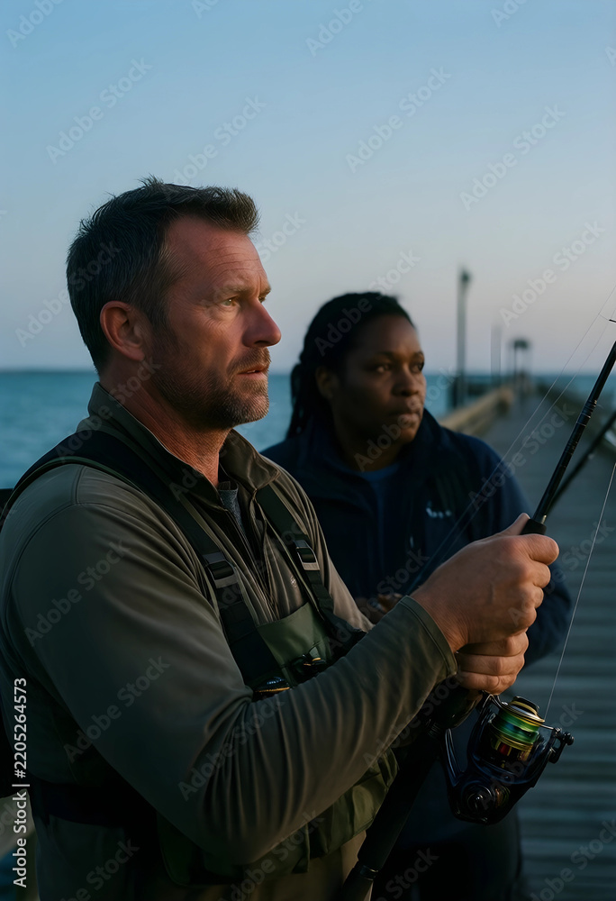 Fototapeta premium Work-life balance and leisure, man and woman fishing on a pier at sunset for stress relief and mental health recovery in a calm outdoor environment