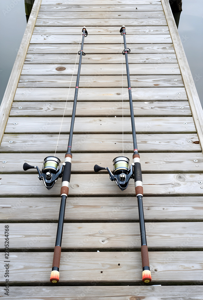 Fototapeta premium Recreation and leisure, two fishing rods with spinning reels resting on a wooden pier for outdoor hobby and travel lifestyle during summer vacation