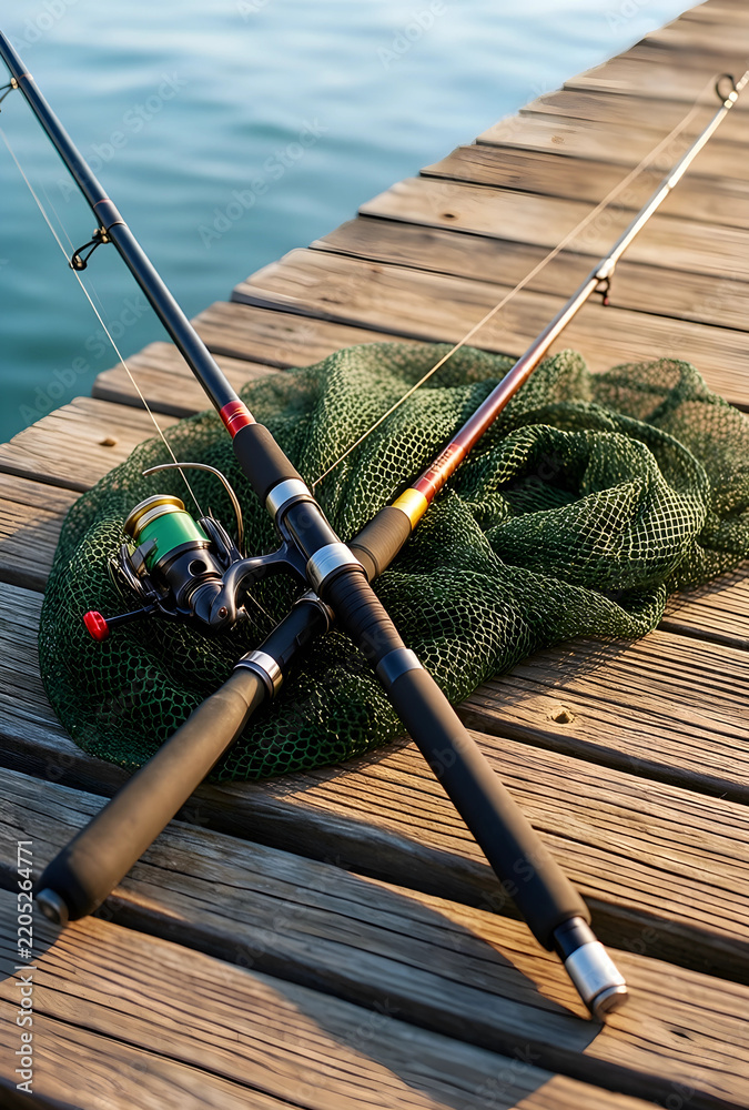 Fototapeta premium Leisure fishing and outdoor recreation, two fishing rods with a net on a wooden pier at sunset for hobby and travel lifestyle photography