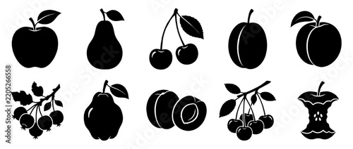 Garden Fruit Silhouettes Set Featuring Apple Pear Cherry Plum and Berries Icons for Minimalist Design Projects