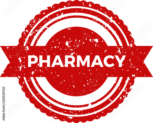 Pharmacy Red Grunge Rubber Stamp Seal Icon with Banner and Vintage Distressed Texture