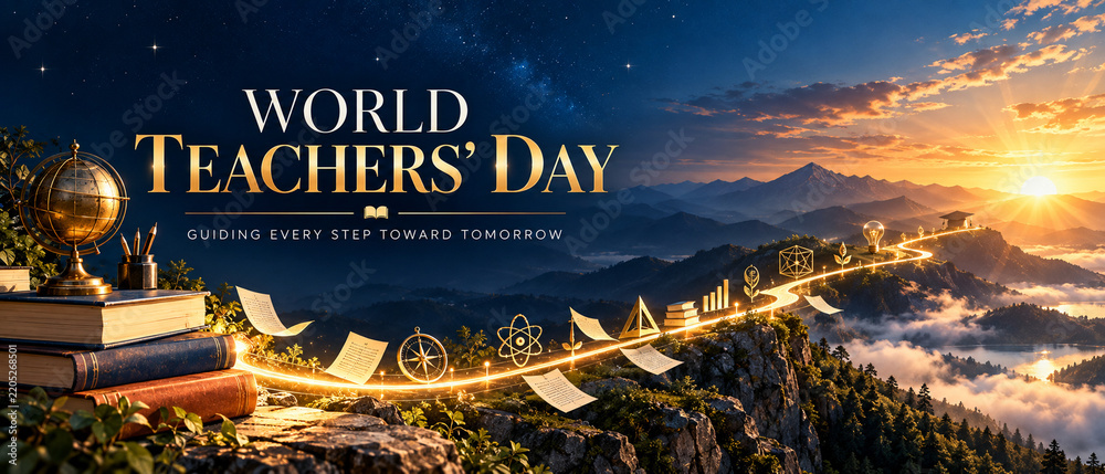 Fototapeta premium World teachers day celebration with a glowing path of books over a mountain landscape