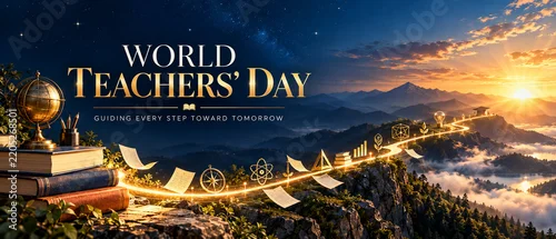 Panel kuchenny z motywem World teachers day celebration with a glowing path of books over a mountain landscape