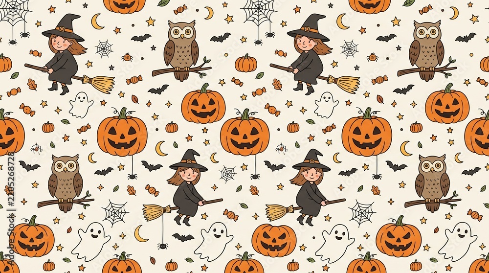 Fototapeta premium Flat doodle illustrations background. Halloween pattern with witches and pumpkins
