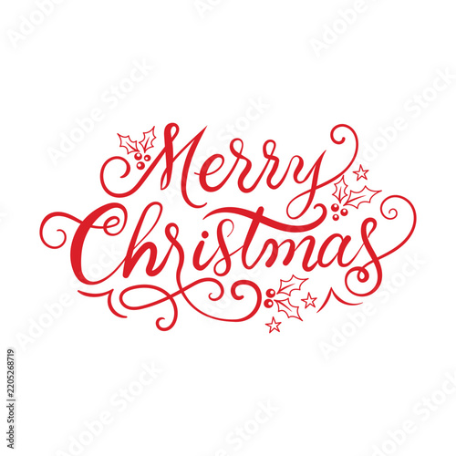 Merry Christmas Red Calligraphy Lettering with Holly and Stars