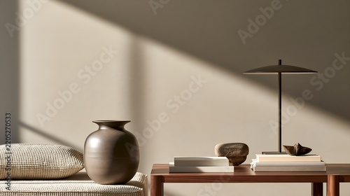 A modern living room still life illustrating contemporary interior styling, decorative objects, comfort, and sophisticated residential design.