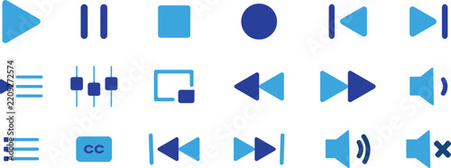 Modern media player icons set with navigation controls for digital interface design