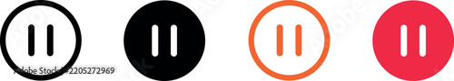 Minimalist play button icons in white, black, orange, and red for digital media design