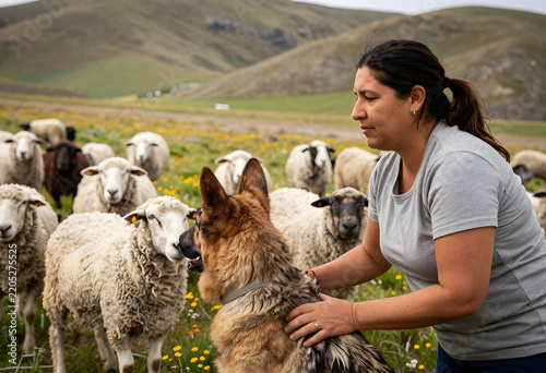 Sustainable agriculture and livestock farming, female shepherd with her sheepdog working in a rural pasture with a flock of sheep in the mountains