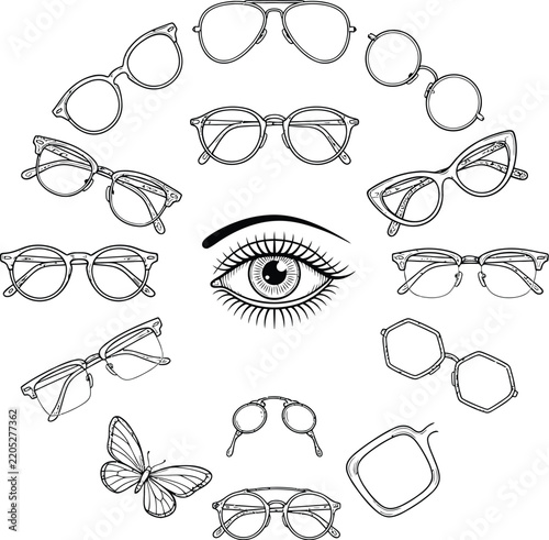 eyeglasses collection with eye and butterfly