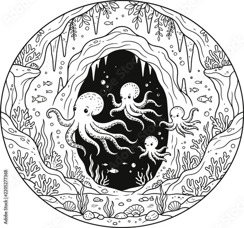 underwater ocean cave with octopuses circular coloring page line art