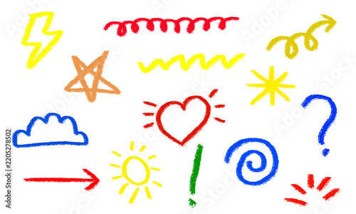 Colorful hand drawn crayon doodle symbol set for primary education design