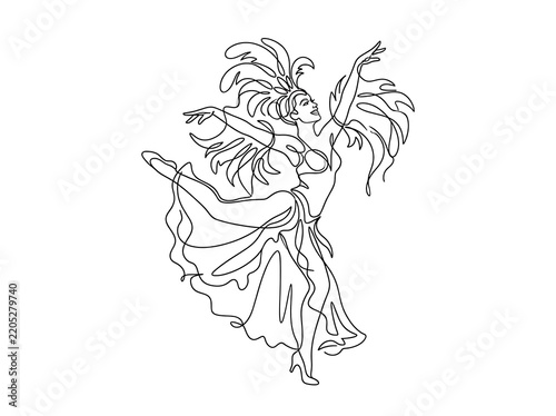 ia generated full length view single line drawing of a samba dancer in carnival feather costume on white background. Minimalist continuous line vector art mockup.