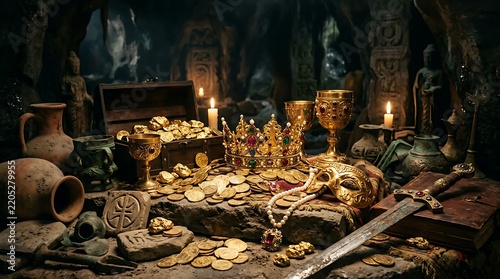 Hidden Treasure Chamber with Golden Crown, Jewelry, Ancient Coins and Artifacts in a Dark Cave
